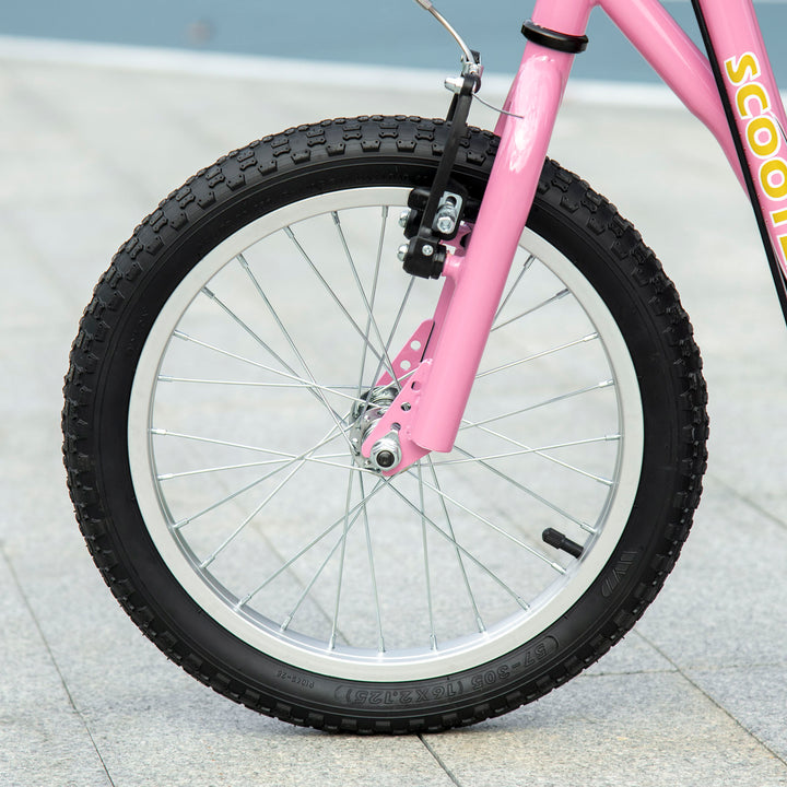Børneløbehjul med luftgummidæk og håndbremse, 16 tommer højdejusterbart løbehjul til drenge og piger fra 5 år, pink løbehjul med kickboard