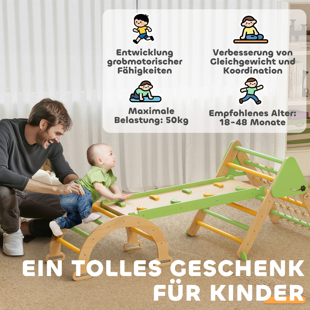 8-i-1 Montessori indendørs klatrestativ, træklatretrekant med klatrebue, dobbeltsidet rutsjebane, grøn