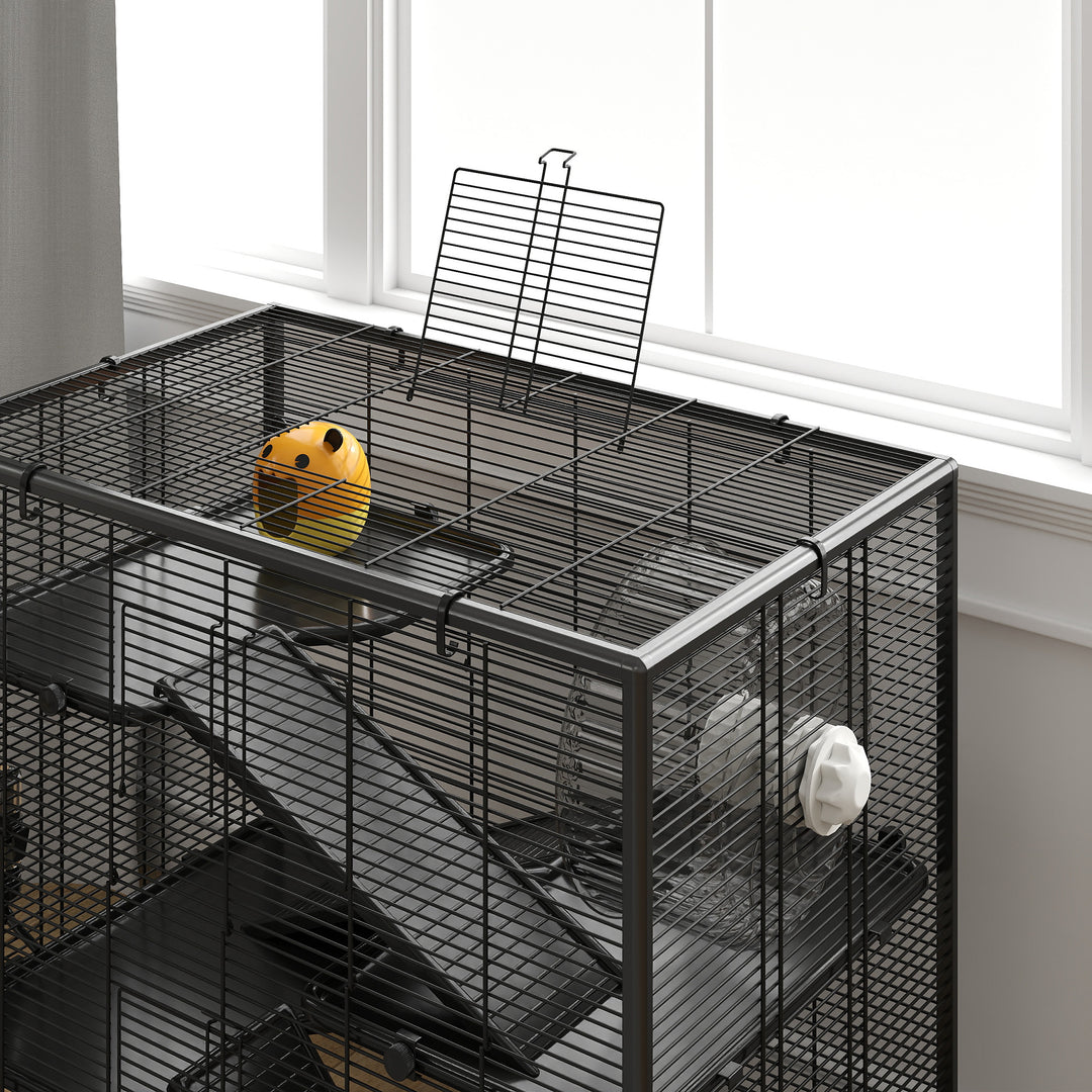 Hamsterbur med glasbund, 4-etagers hamsterbur med bur og tilbehør, 78,5l x 48,5b x 80h cm, sort