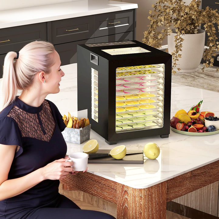 Mad-dehydrator, 850 w, 40-70°c temperaturkontrol, 48-timers timer, 12 bakker, rustfrit stål, sort