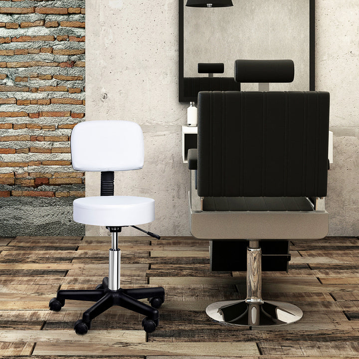 Rullende skammel højdejusterbar arbejdsskammel med ryglæn, roterende salonskammel til massagekontor kunstlæder hvid 35 x 72-84 cm
