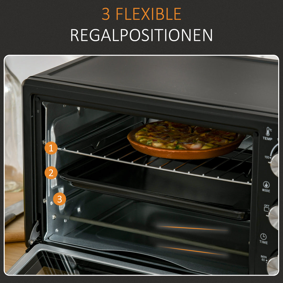 Miniovn, 21 l brødristerovn med 1 rist og 1 bageplade, 3 tilberedningstilstande, 100°c-230°c, rustfrit stål, glas, sort