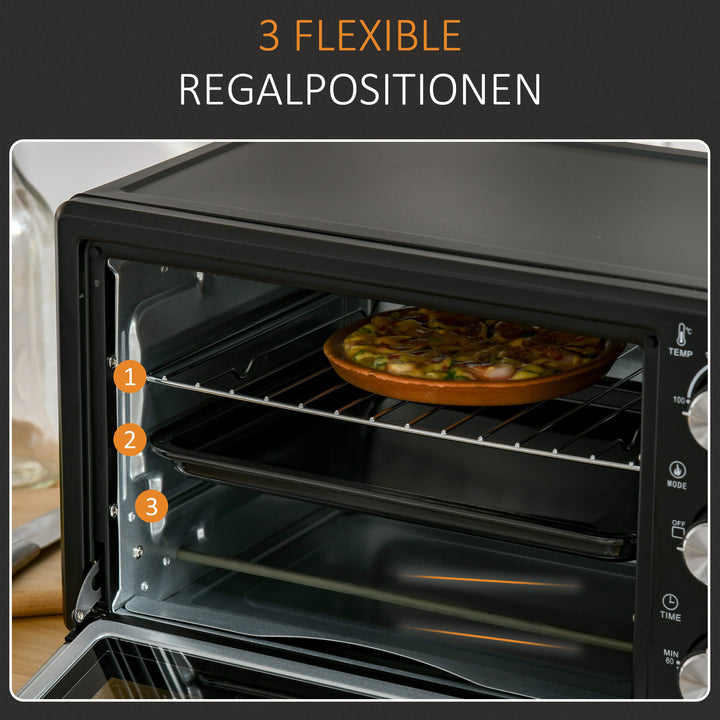 Miniovn, 21 l brødristerovn med 1 rist og 1 bageplade, 3 tilberedningstilstande, 100°c-230°c, rustfrit stål, glas, sort