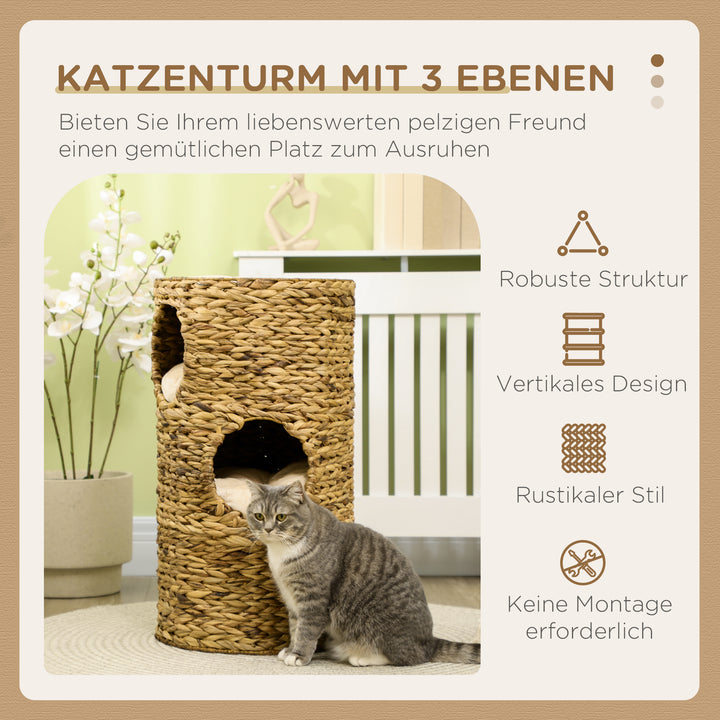 3-Etagers boho kattehule med 3 indgange og hynde, 40 cm x 40 cm x 73 cm, lysebrun + cremehvid