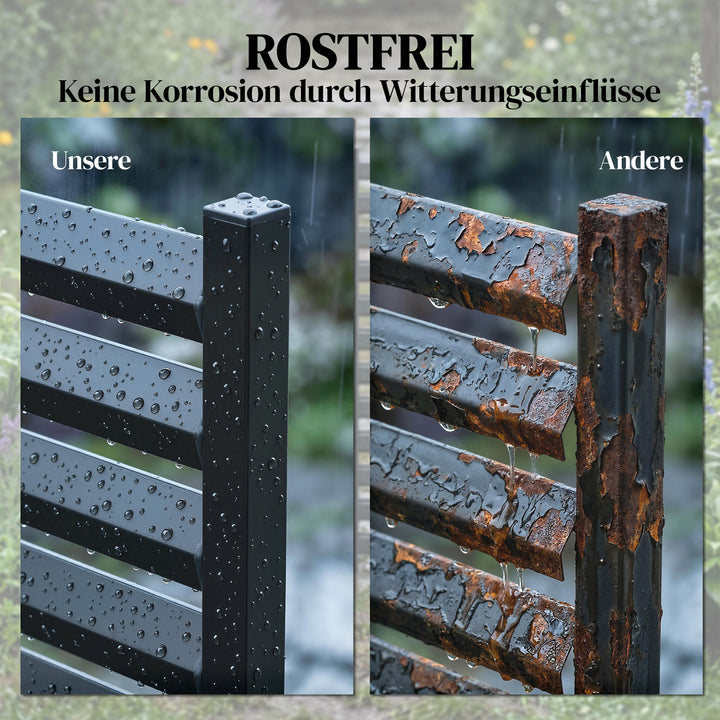 Havehegn, 2 paneler, 91 x 152 cm, metalhegn med stolper og beskyttelseshætter, rustfri, sort