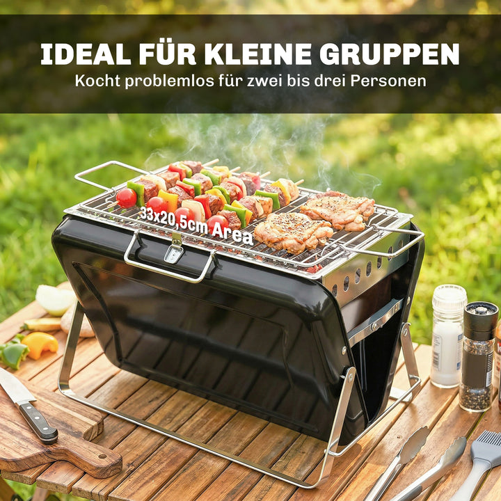 Rustfrit stål kulgrill BBQ-ryger med grillrist, håndtag og sammenklappelige ben til grill og camping, 40x28x25,5 cm, sort
