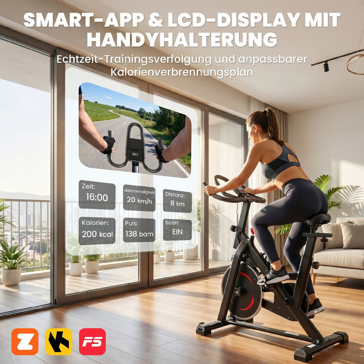 Motionscykel, højdejusterbar, med app, magnetisk modstand, justerbar LCD-skærm, styr, telefonholder