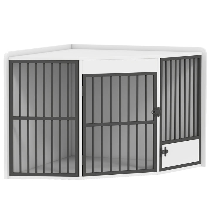 Hundebur, hundegård til små og mellemstore hunde, kæledyrsbur, foderlåge, MDF, metal, hvid