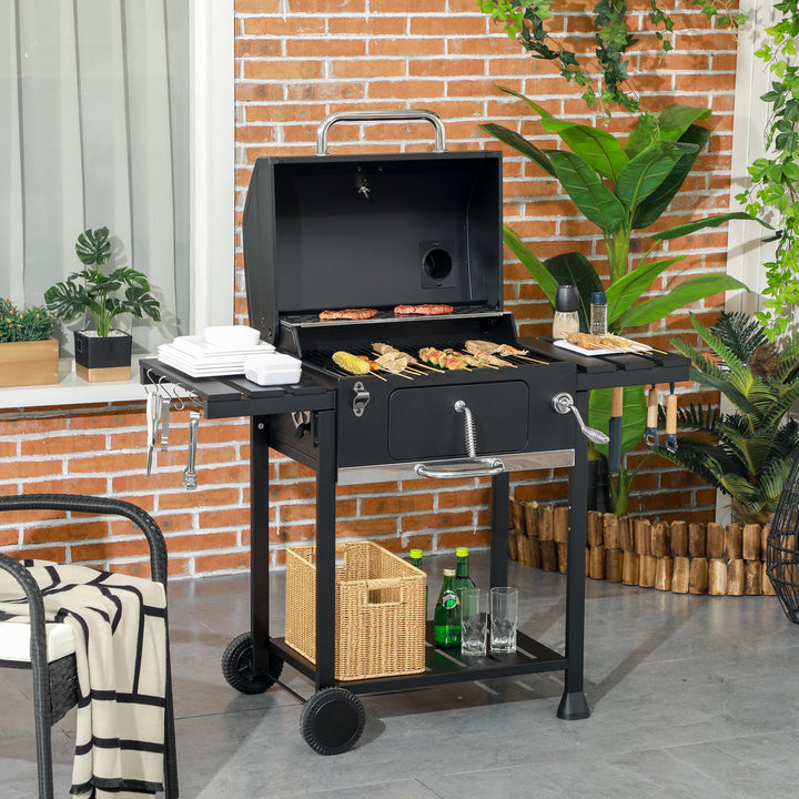 Trækulsgrill med rygeovn, inklusive termometer og flaskeåbner, 120 x 64 x 114 cm, sort