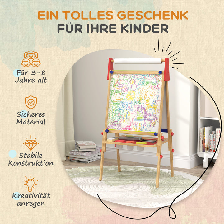 3-I-1 børnestaffeli, tavle, whiteboard, papirrulle, inklusive tilbehør, fyrretræ, justerbar