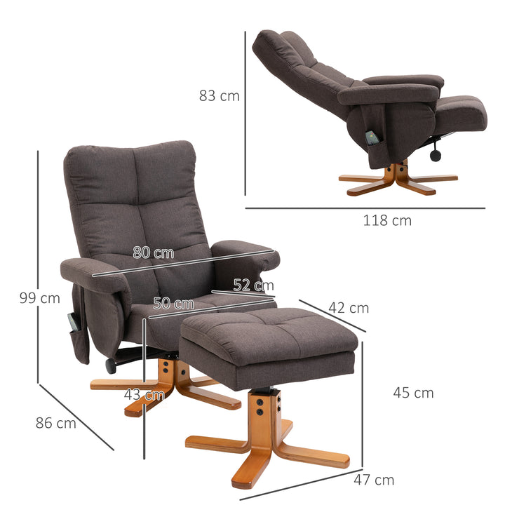 Lænestol med fodskammel, opbevaringsplads, elektrisk massagestol med lænefunktion, drejelig tv-stol med sidelomme, fjernbetjening, træramme, polyester, brun
