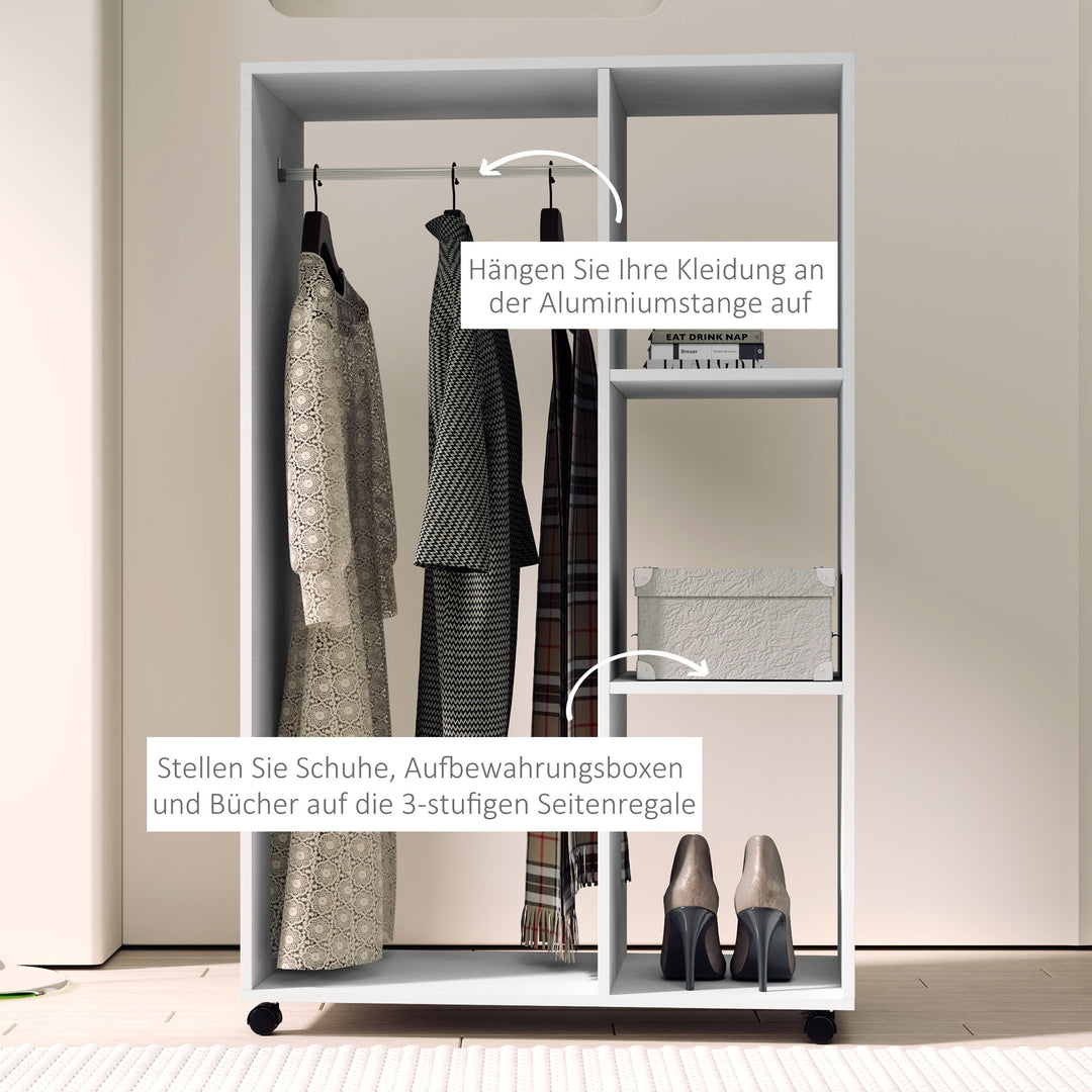 Garderobe på hjul, mobil garderobe, garderobeskab, rullende tøjstativ, 80 x 40 x 128 cm, hvid