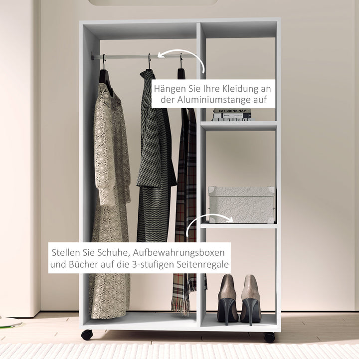 Garderobe på hjul, mobil garderobe, garderobeskab, rullende tøjstativ, 80 x 40 x 128 cm, hvid