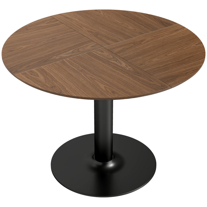 Rundt spisebord til 6 personer, 110 cm. Moderne køkkenbord med piedestal til stuen, brun træstruktur.