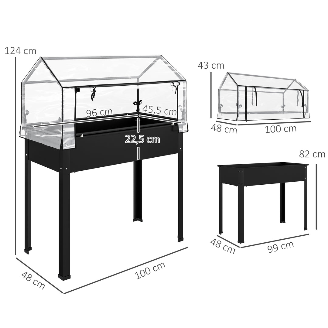 Hævet havebed med drivhustag, hævet plantekasse med drænhuller, 100 x 48 x 124 cm, sort