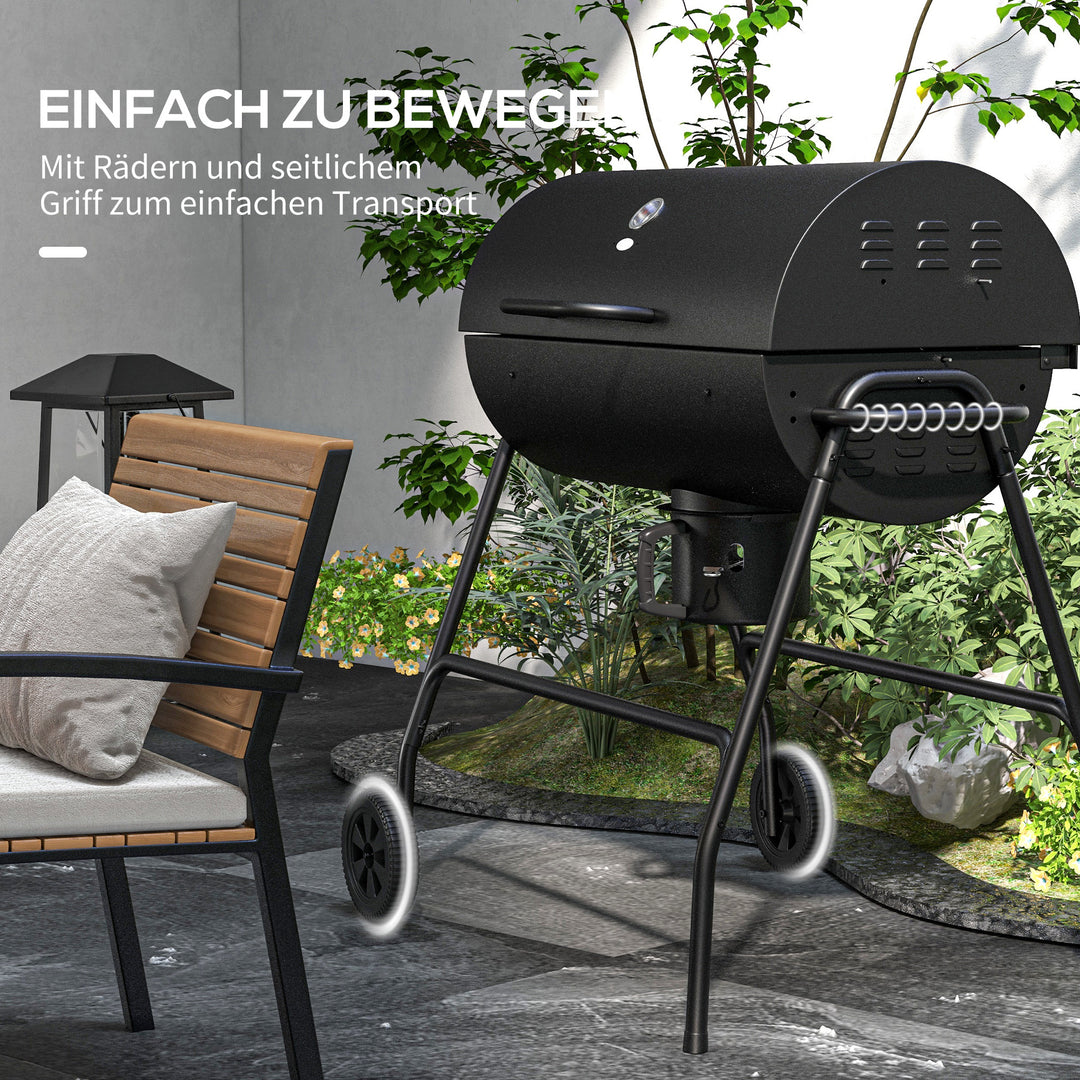 Metalkulgrill BBQ-ryger med låg, termometer, hjul, grillvogn, 95x71,5x102 cm, sort