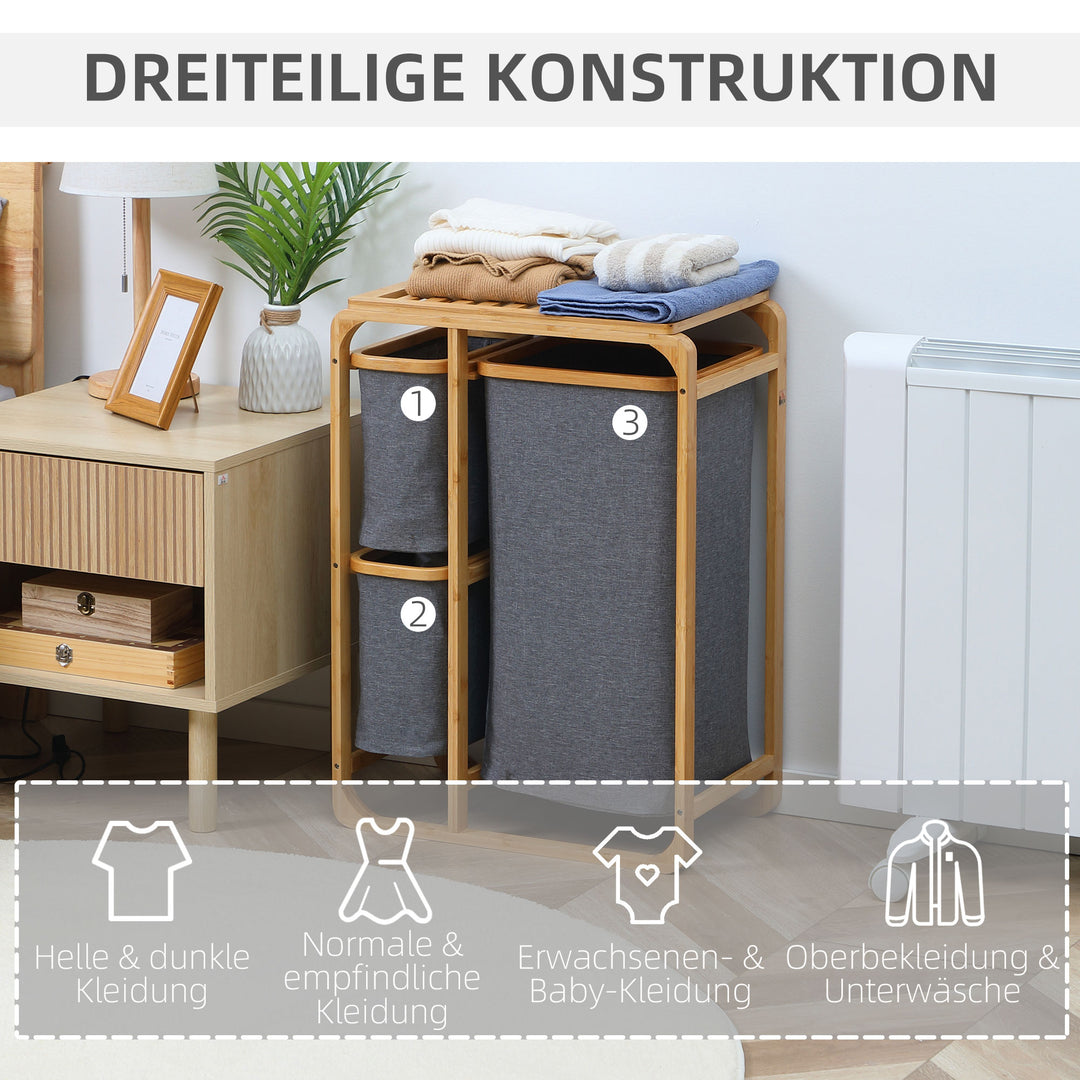 Bambus vasketøjskurv, 3 udtagelige kurve, 50 cm x 32 cm x 69,7 cm, naturgrå
