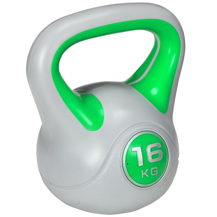 Kettlebell, 16 kg, flad bund, stort håndtag, vægtkugle, grøn, 27 x 17 x 31 cm