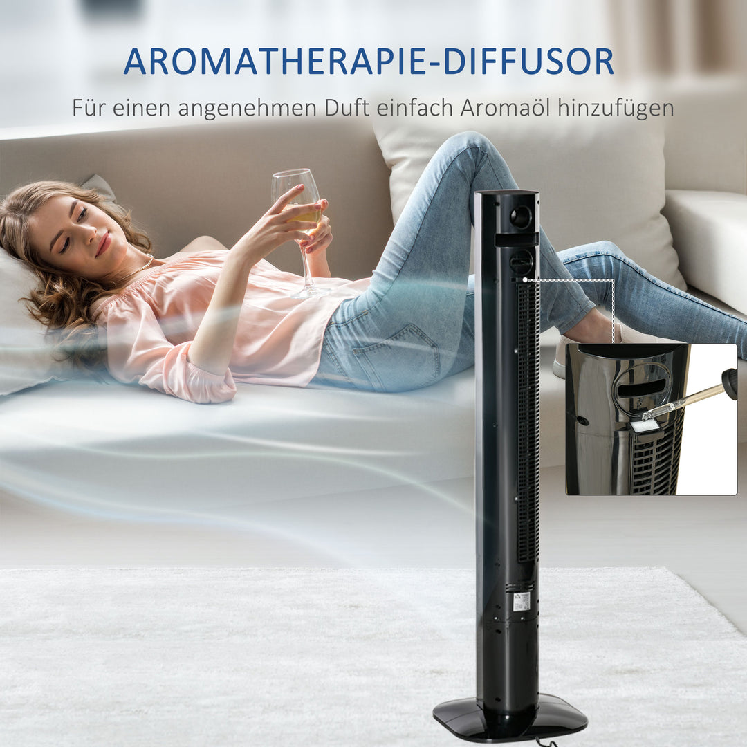 Tårnventilator med fjernbetjening, 45W, 70° oscillation, søjleventilator med aromadiffusor, timerfunktion, 3 ventilatorhastigheder, sort
