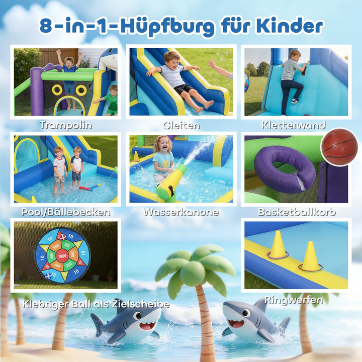 8-i-1 oppustelig hoppeborg med hajdesign, blæser, rutsjebane, børnebassin og trampolin til alderen 3-8, 405x345x235cm, flerfarvet