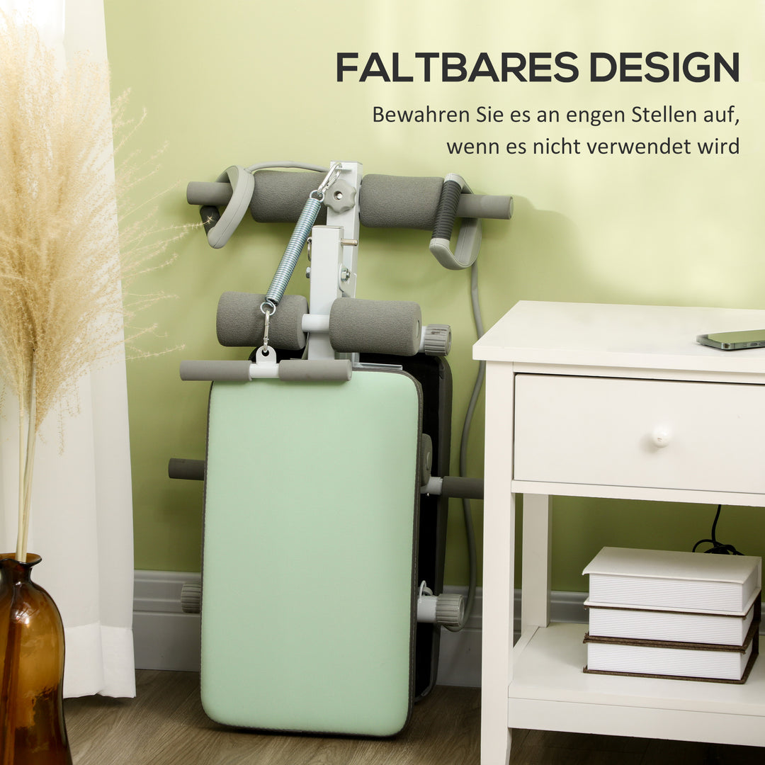 Træningsbænk, mavetræner, højdejusterbar, foldbar, 2 elastikker, stål, grøn, 51 x 137 x 50-66 cm