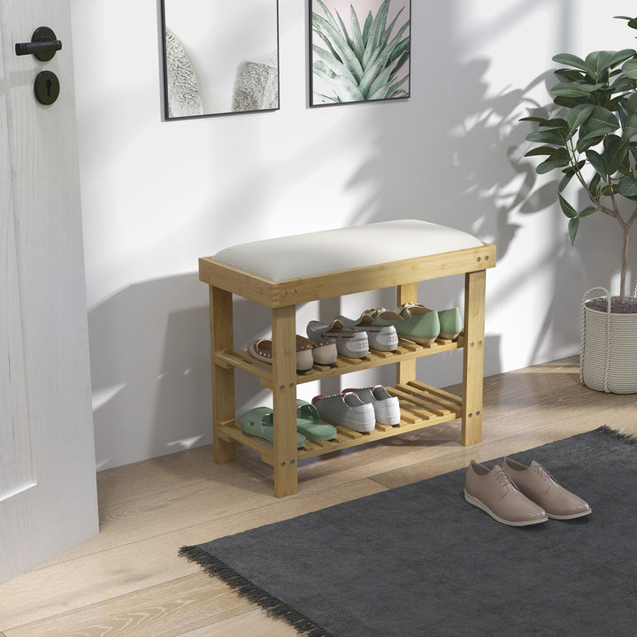 Skobænk med sæde, bambusbænk med opbevaring, 2 åbne rum, bænk 60 x 29 x 49 cm cremehvid