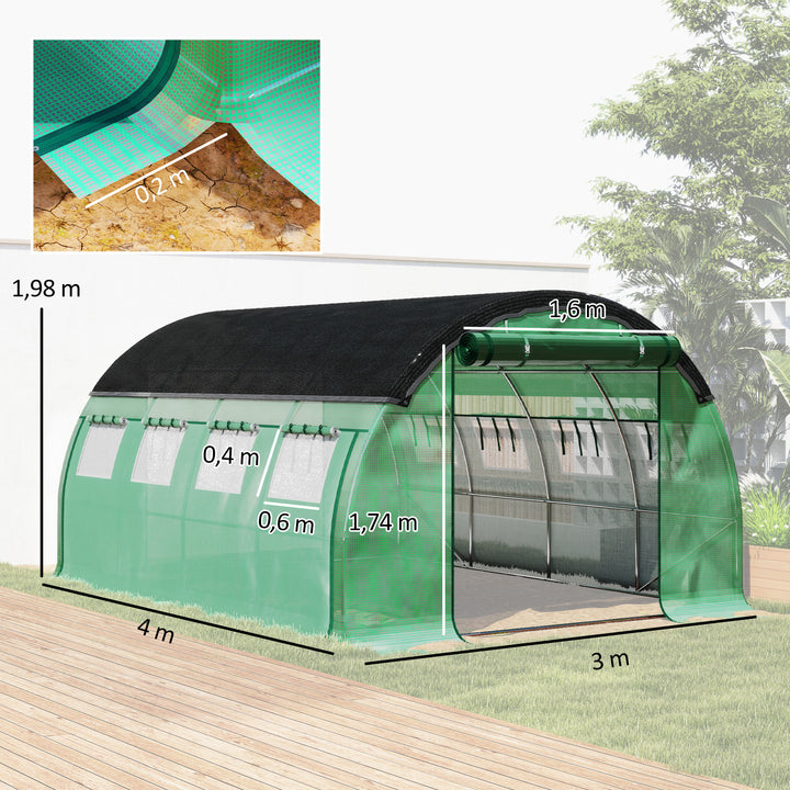 4 x 3 x 2 m polytunnel drivhus med solnet, rullelige sidevægge, plastikdæksel, stålramme, grøn