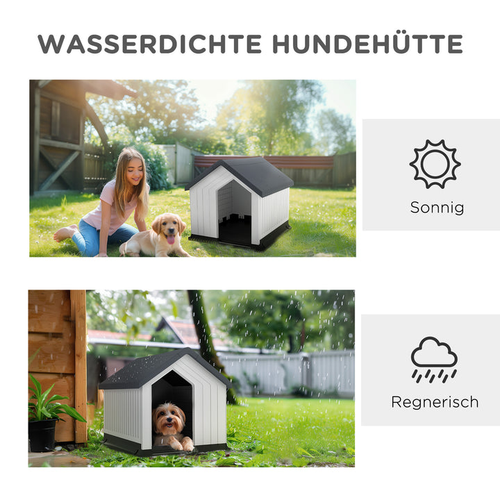 Hundehus, vejrbestandigt, vindue og dør, til små hunde op til 10 kg/40 cm længde, 62x61x60 cm, grå/hvid
