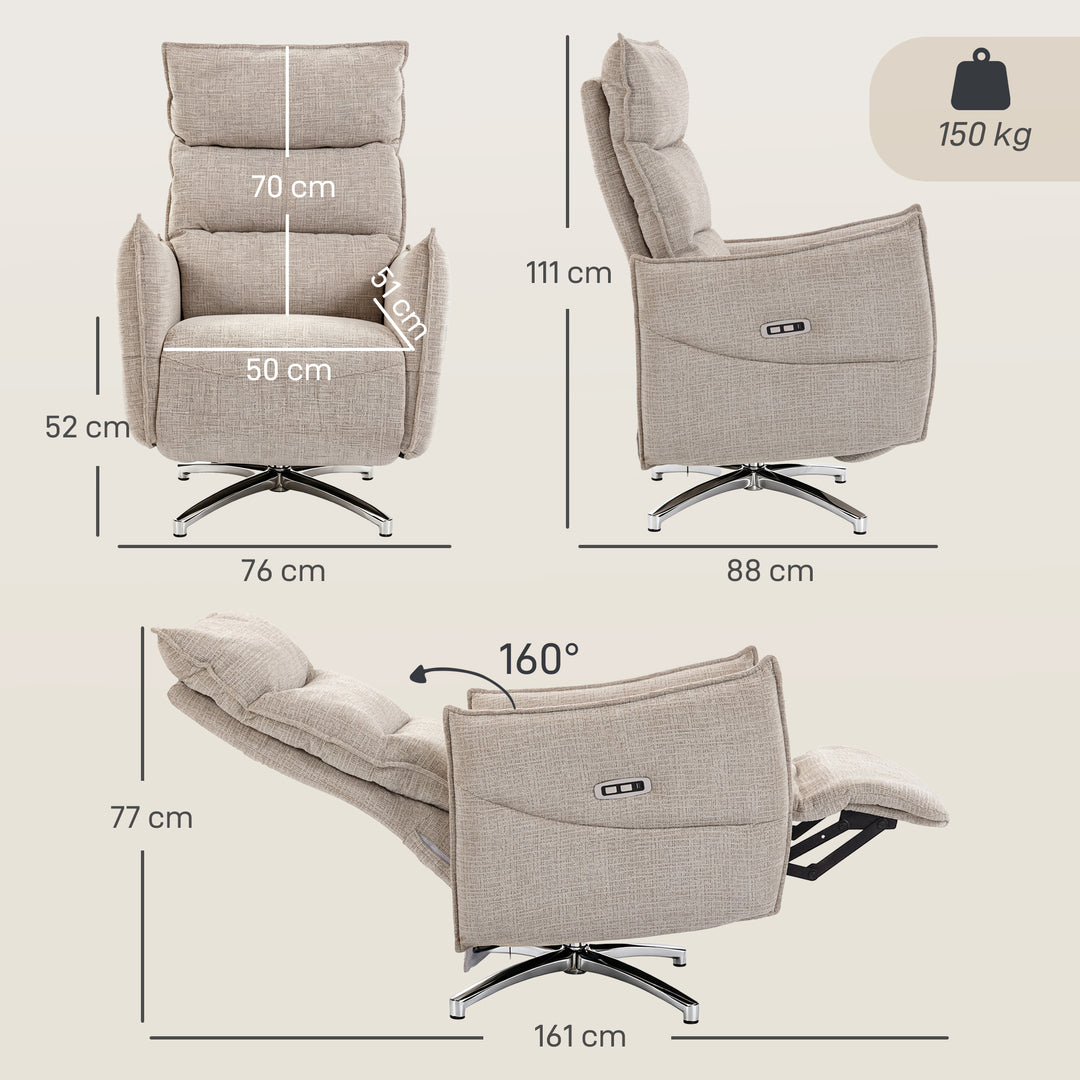 Elektrisk drejelig lænestol til voksne, lænestol med stof i linned-look og opladningsporte, beige
