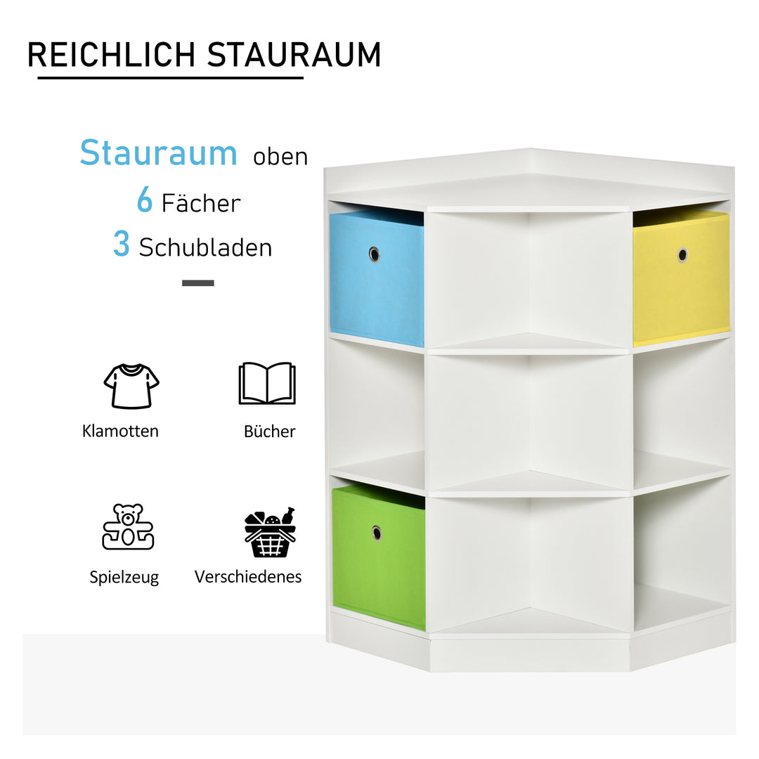 Opbevaringshylde til børn, 3 non-woven skuffer, mdf, væltesikker, hvid