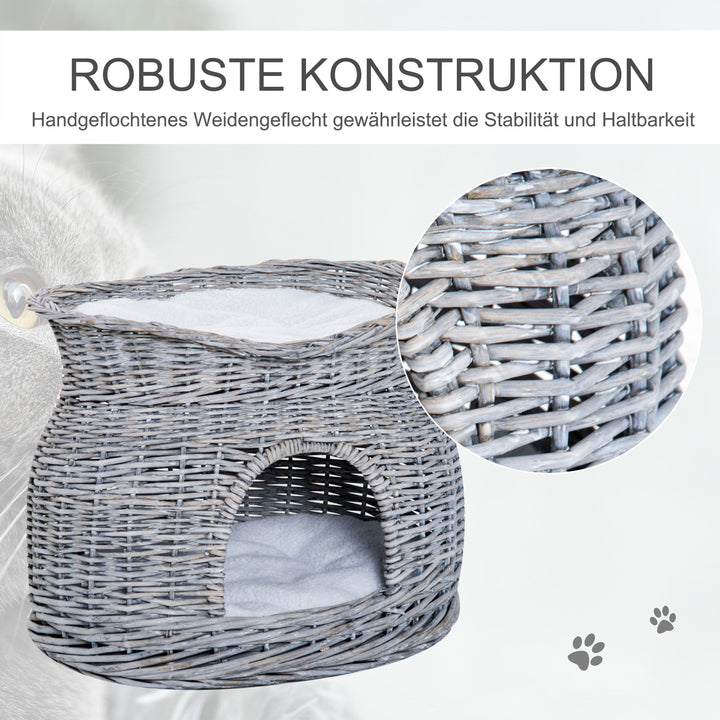 Rattan flettet kattekurv kattehus med 2 bløde puder kattekurv kæledyrsseng lavet af vandhyacint til stue grå 56 x 37 x 40 cm