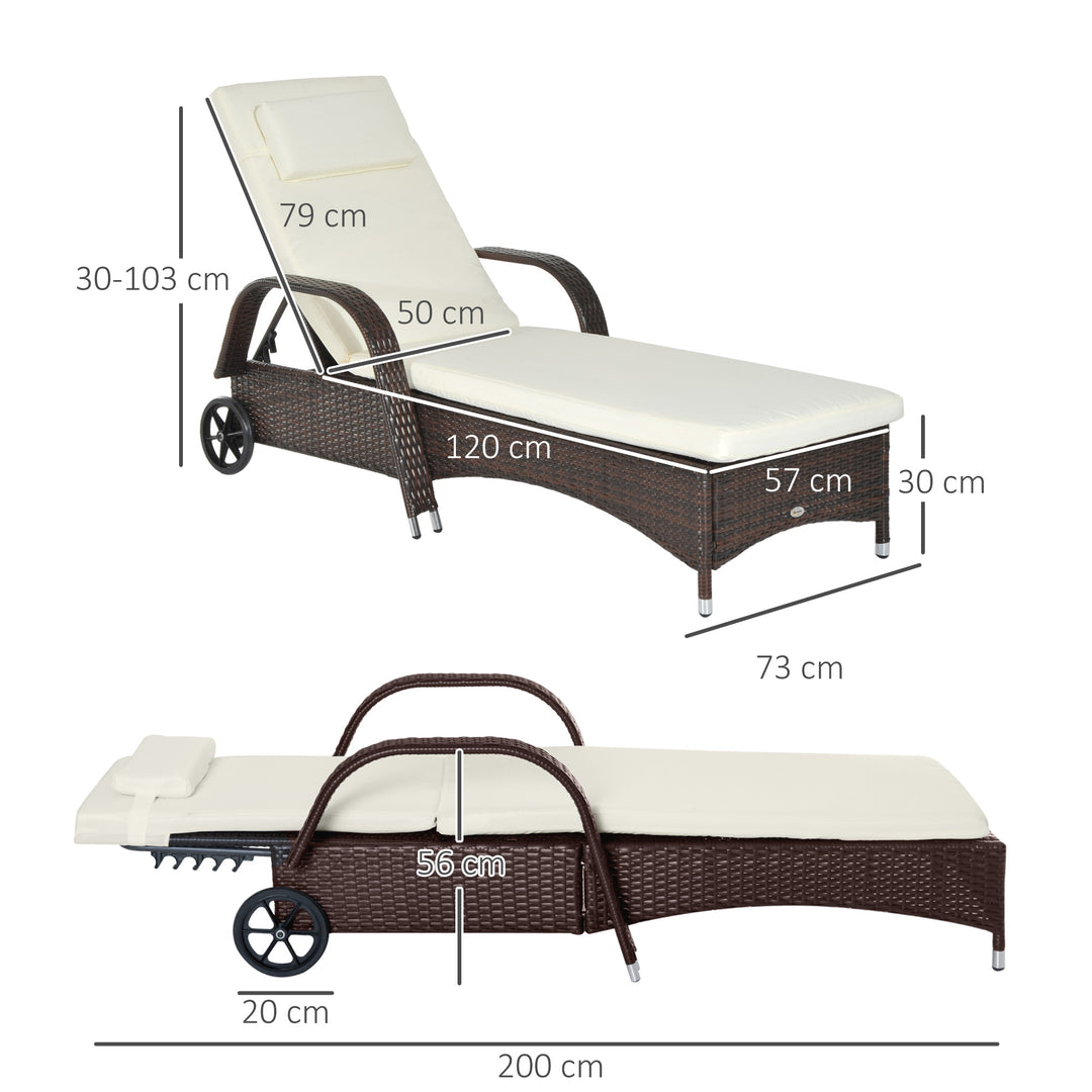 Havestol med hynde, justerbar ryglæn, metalstel, polyrattan, brun+creme, 200 x 73 x 103 cm