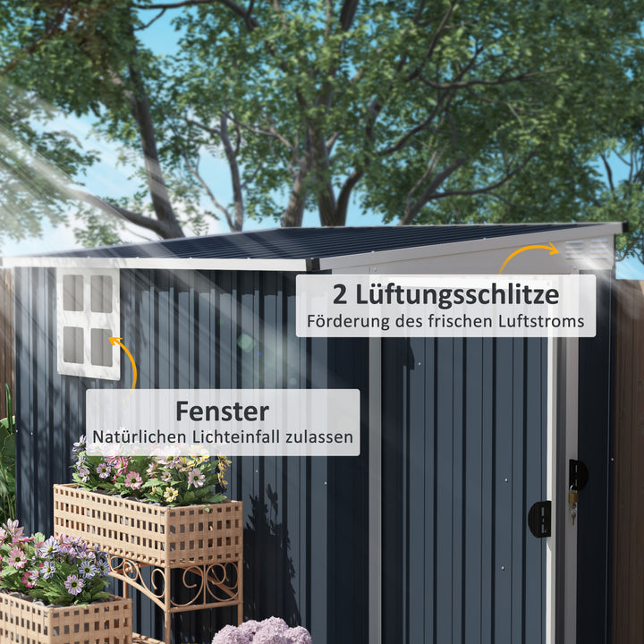 Haveskur, redskabsskur til haveredskaber, vinduer, ventilationsåbninger, aflåselig, stål, mørkegrå