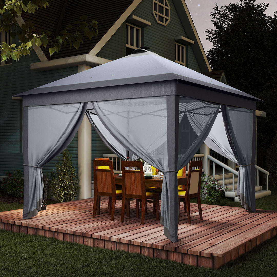 3,3 x 3,3 m foldbar pavillon med LED-belysning, netgardiner, bæretaske, grå