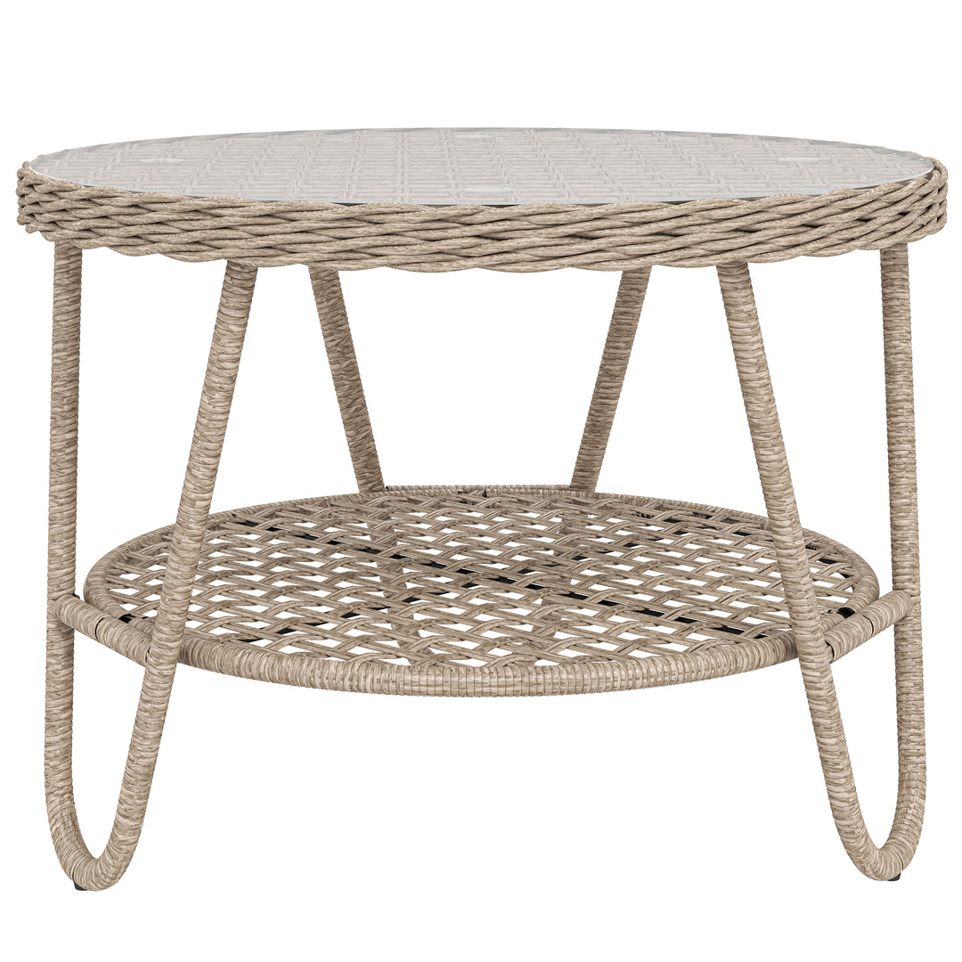 Polyrattan sidebord, 2-lags sofabord med hylde, glasplade, justerbare fødder, 65 x 65 x 50 cm, gul