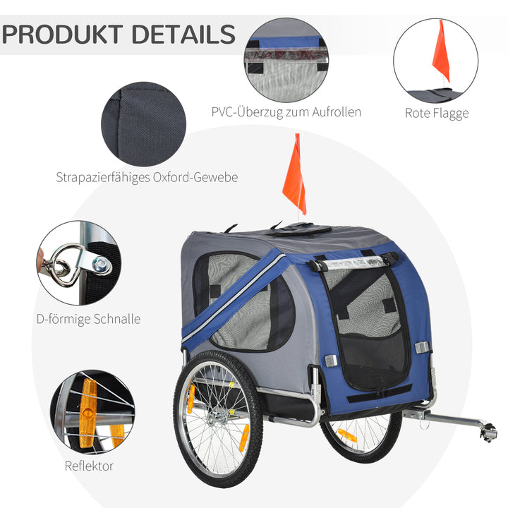 2-I-1 kæledyrstrailer cykeltrailer op til 20 kg foldbart regnslag sikkerhedsflagreflekser stålgrå+blå 130 x 73 x 90 cm