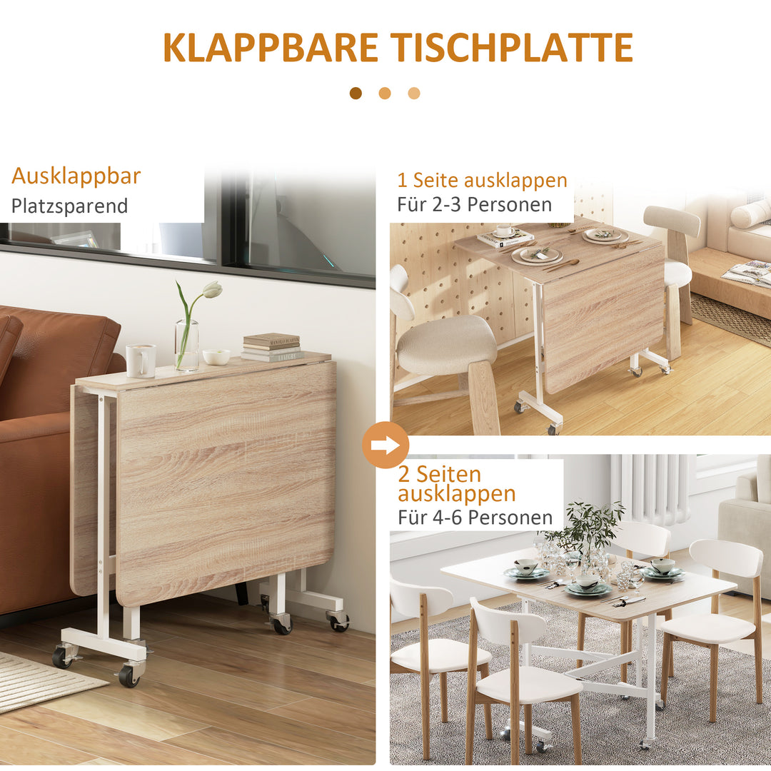 Klapbord på hjul, laptopbord, spisebord, inkl. parkeringsbremse, natur + hvid
