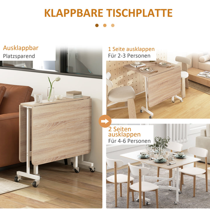 Klapbord på hjul, laptopbord, spisebord, inkl. parkeringsbremse, natur + hvid