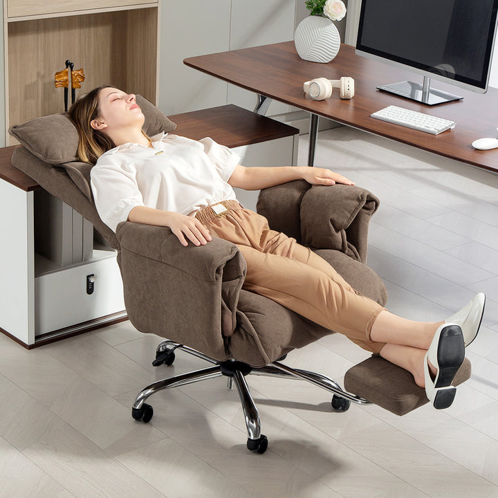 Ergonomisk kontorstol, lænestol til ryglæn, fodstøtte, blødt stof, lysebrun