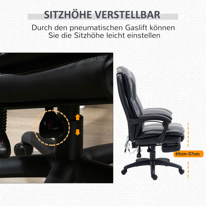 Justerbar drejestol med fodstøtte, nakkestøtte, massagefunktion, kunstlæder, 68,5 x 68,5 x 113-121 cm, sort