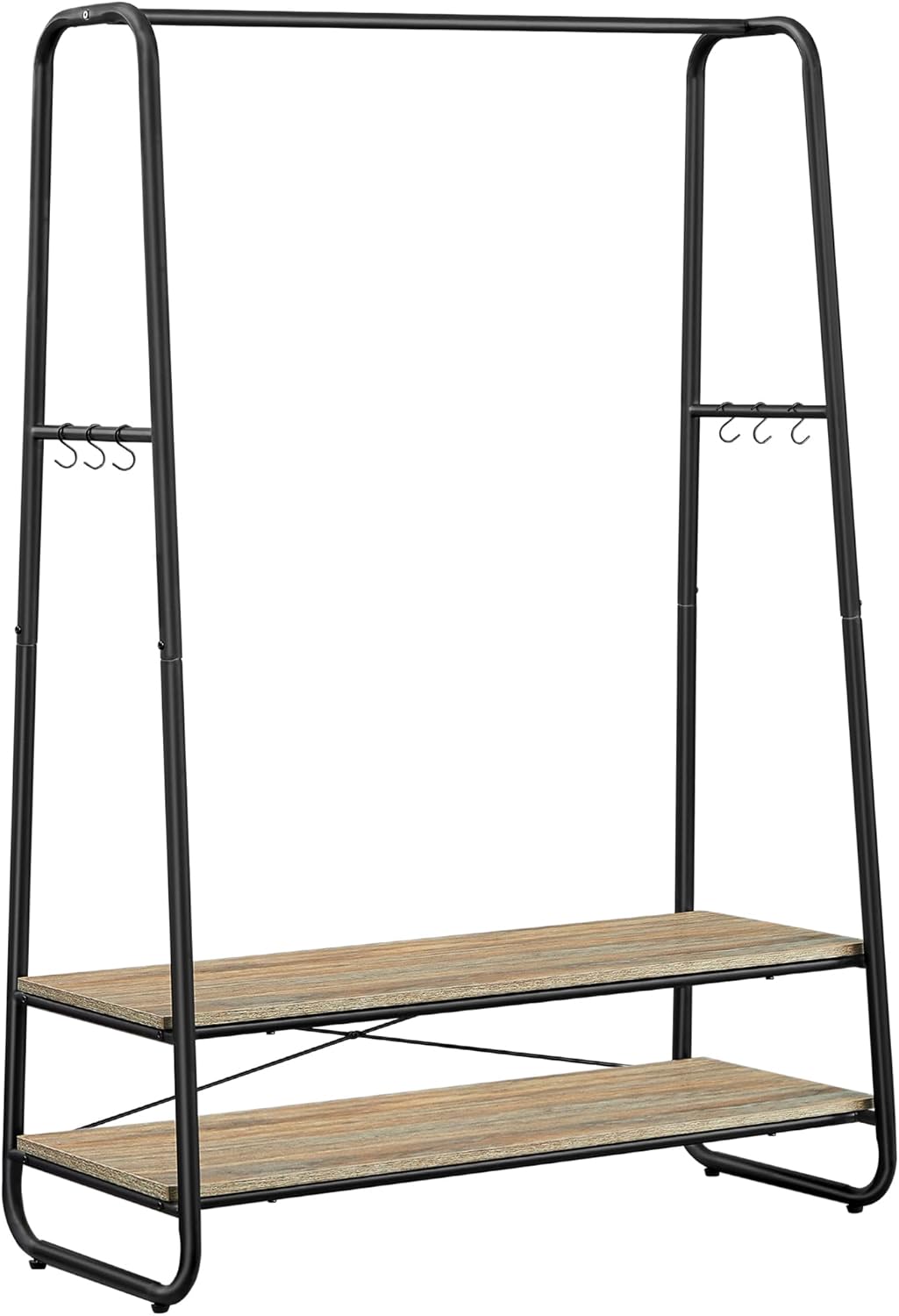 Tøjstativ med 2 hylder og 6 S-formede kroge, lavet af spånplade og stål, mål: 45 x 100 x 160 cm