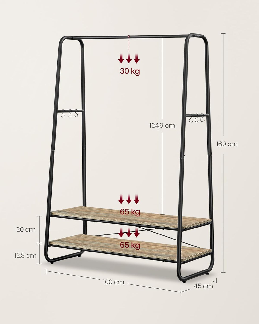 Tøjstativ med 2 hylder og 6 S-formede kroge, lavet af spånplade og stål, mål: 45 x 100 x 160 cm