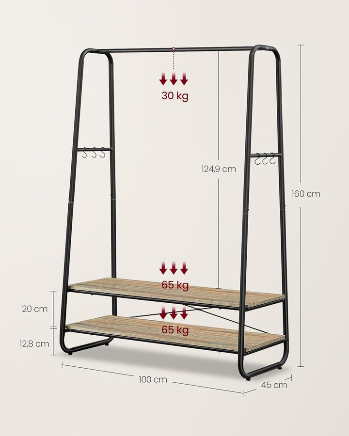 Tøjstativ med 2 hylder og 6 S-formede kroge, lavet af spånplade og stål, mål: 45 x 100 x 160 cm