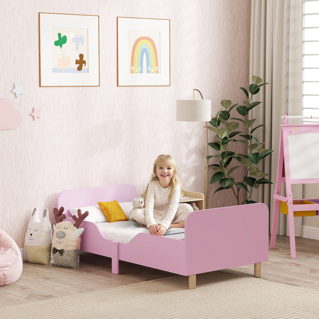 Børnesengramme, enkeltsengramme til børn, sikkerhedsskærm, lille seng til børneværelse, mdf, uden madras, pink