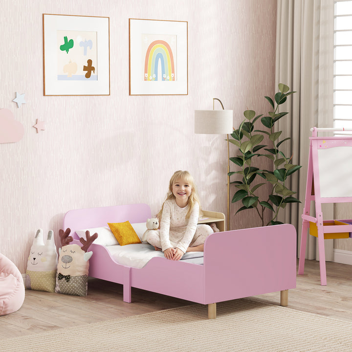 Børnesengramme, enkeltsengramme til børn, sikkerhedsskærm, lille seng til børneværelse, mdf, uden madras, pink
