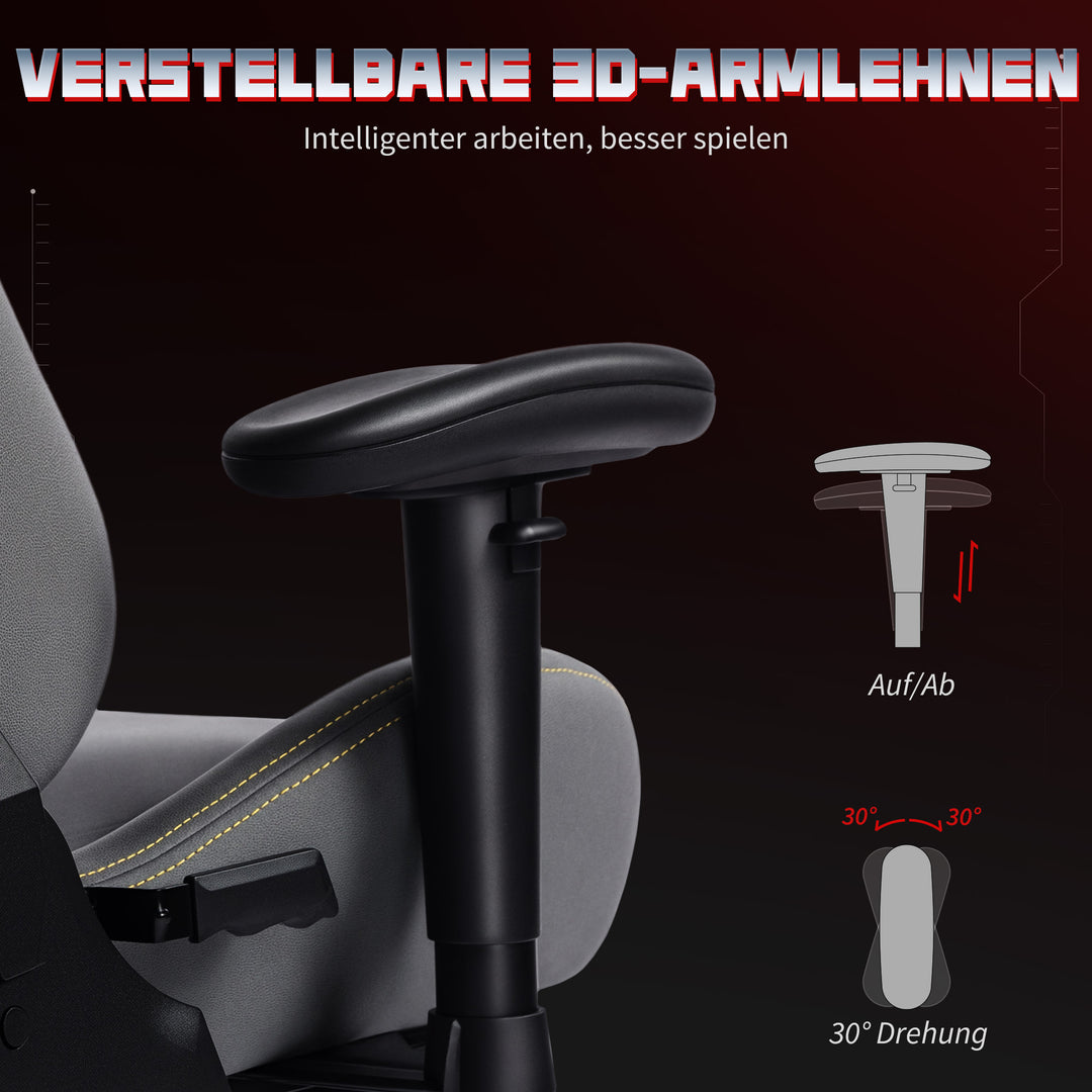 Ergonomisk gamingstol med 3D-armlæn, justerbar, rullende skrivebordsstol med lændestøtte, grå