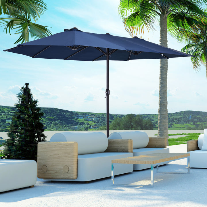 Dobbeltparasol 455 x 270 cm haveparasol med håndsving oval stabil metalstang markedsparasol dobbeltparasol terrasseparasol solbeskyttelse til strand balkon terrasse have blå