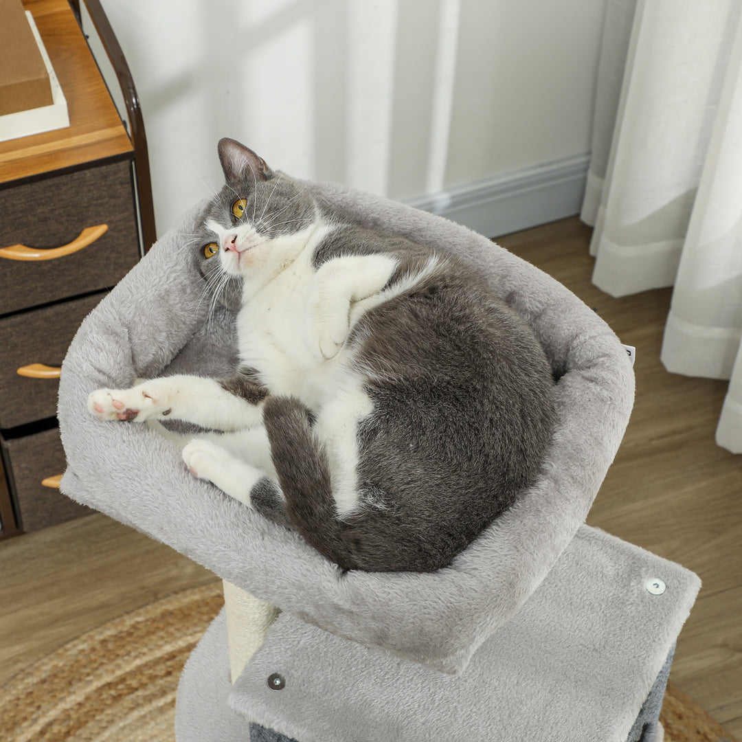 Kradsetræ 104 cm med kattehule, seng, sisal kradsetræer, kradsebræt, plysbolde til katte op til 5 kg, lysegrå