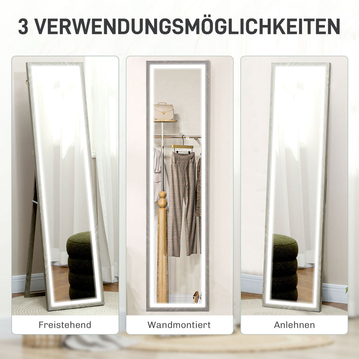 Led spejl i fuld længde, 40 x 160 cm, touch-betjening, dæmpbar, 3 farver, grå