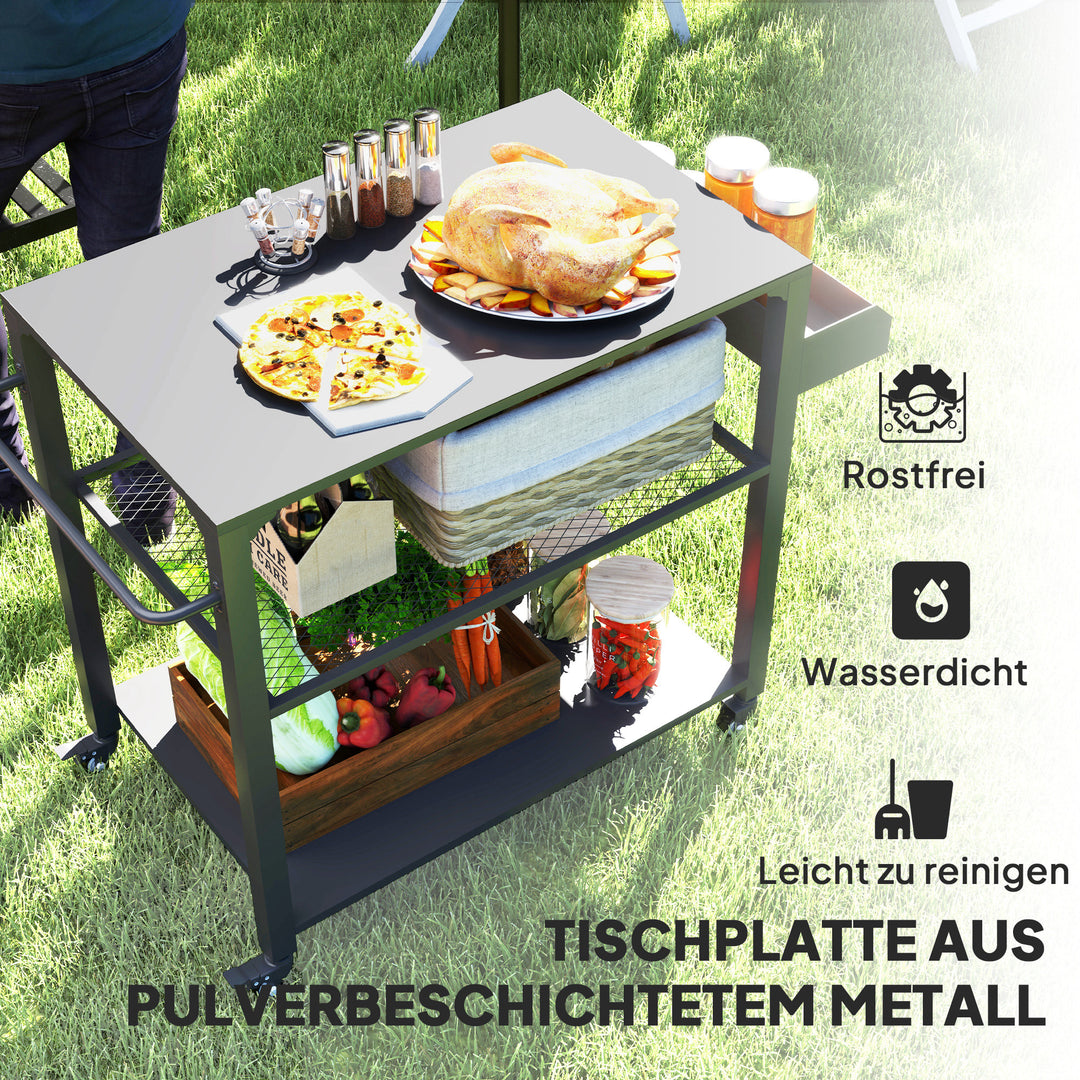 Udendørs køkkenø, grillvogn med opbevaringshylde, håndtag, 4 hjul, køkkenvogn, terrasse, have, metal, sort